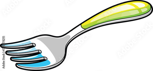 Shiny Silver Fork With Blue Tines And A Yellow Green Handle On White Background