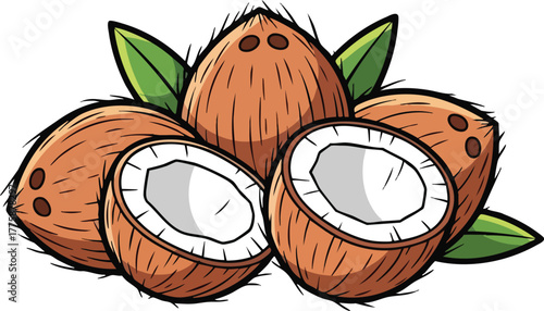 Group of brown coconuts with green leaves one cut in half revealing white flesh and black seeds on a white background