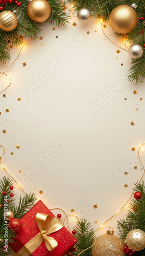 high quality christmas tree gift box copyspace light ornaments white gold background