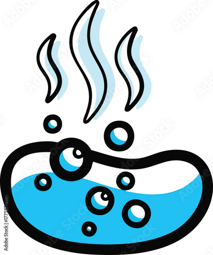 Illustration of a steaming hot tub filled with blue bubbling water and steam rising on a white background