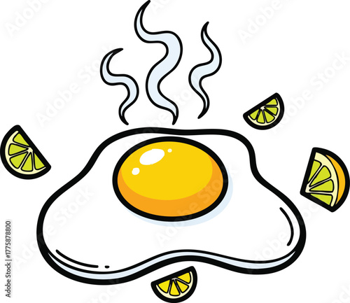 Steaming Fried Egg with Lemon Slices Yellow Yolk White Background Studio Lighting