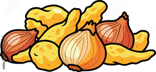 Pixel Art Style Pile of Yellow Potatoes and Red Onions on a White Background