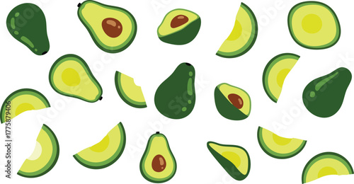 Pixel Art Avocados Sliced and Whole Set Isolated on White Background