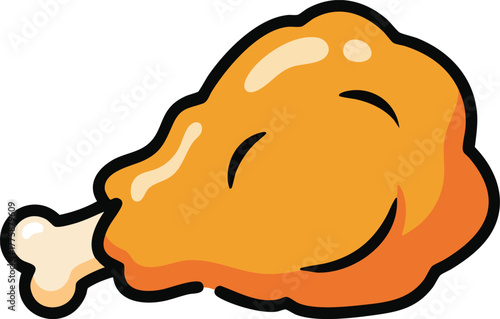 Golden Brown Fried Chicken Leg with a Happy Face on White Background Cartoon Style