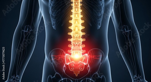 Human anatomy illustration showing spine and lower back pain with glowing effect on dark background