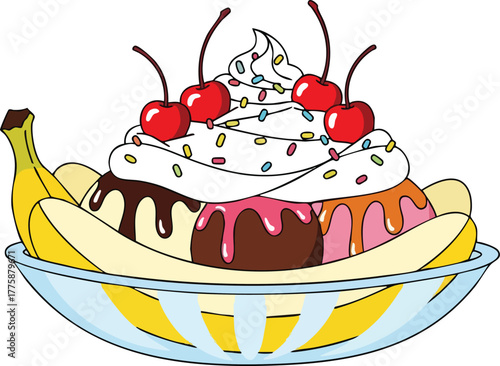 Delicious Banana Split Ice Cream Sundae Topped with Whipped Cream Cherries and Sprinkles in a Glass Bowl