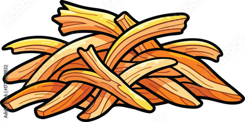 Pile Of Golden French Fries Stacked Art Style Isolated On White Background