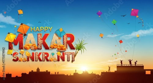 Happy Makar Sankranti Kite Festival India Celebration Sunset Sky Background Wishes Greetings Card
