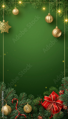 high quality christmas tree gift box copyspace light ornaments green background