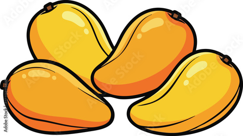 Four Ripe Yellow Mangoes Arranged Artistically on a White Background