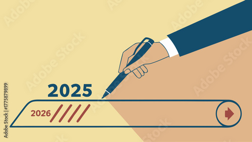 Hand writing on a conveyor belt with 2025 and 2026 years indicating future planning and progress
