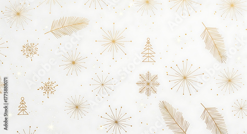 A delicate and festive white background with scattered golden snowflake and feather motifs.