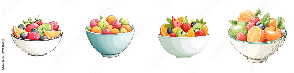 Fototapeta premium Fresh Fruit Salad Bowls: Healthy and Colorful Dessert Variety