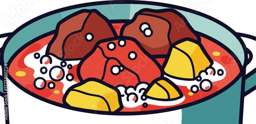 A Pot of Hearty Stew With Meat and Potatoes Simmering in a Rich Red Sauce