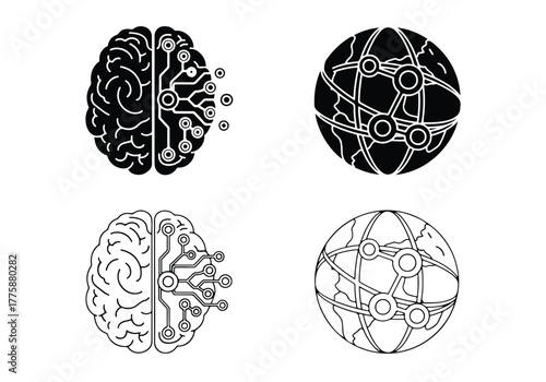 Digital brain and globe icons circuit board technology concepts - Vector icon symbol for website - Icon vector - Blue icon vector - Line and glyph solid icon set
