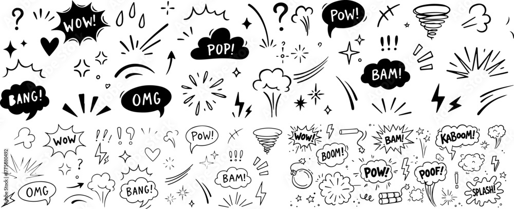 Obraz premium Comic boom cartoon effect line element set. Comic speech bubble pow, boom text, explosive splash smoke, wow cartoon vector icon. Hand drawn sketch doodle explosive element. Vector illustration