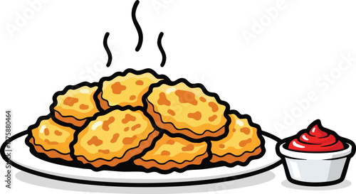 Pile Of Golden Chicken Nuggets Served With A Small Bowl Of Ketchup On A White Plate With Steam Rising