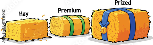 Three yellow hay bales with text labels Hay Premium and Prized on white background