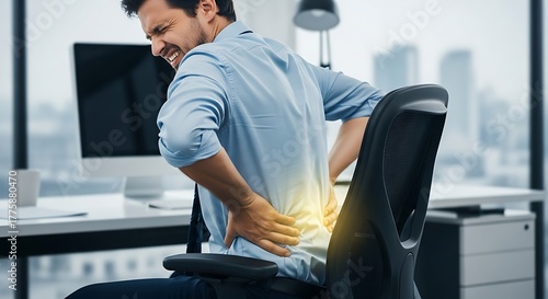 Businessman experiencing back pain while working at his desk in a modern office setting