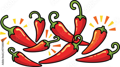 Group of Red Chili Peppers with Yellow Sparks on a White Background