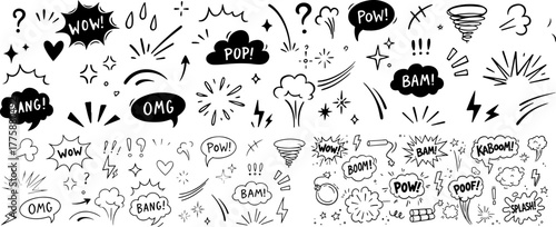 Comic boom cartoon effect line element set. Comic speech bubble pow, boom text, explosive splash smoke, wow cartoon vector icon. Hand drawn sketch doodle explosive element. Vector illustration