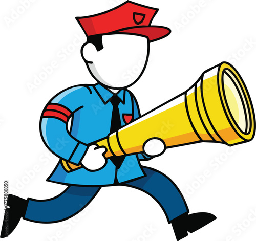 Policeman Running With Telescope In Blue Uniform And Red Hat With White Background