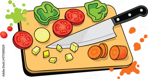 Chopping Board With Fresh Vegetables And Knife Preparing Ingredients For Healthy Meal Preparation