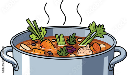 Hearty Vegetable Soup Simmering in a Large Metal Pot with Steam Rising