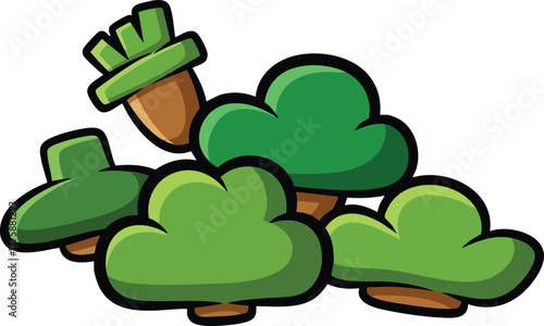 Cartoon Styled Green Trees and a Carrot Top in a Pile