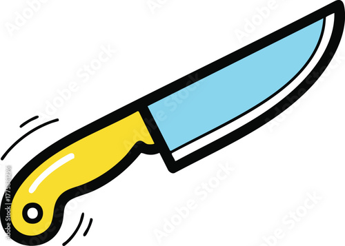 Yellow Handled Kitchen Knife with Light Blue Blade and Black Outline on White Background