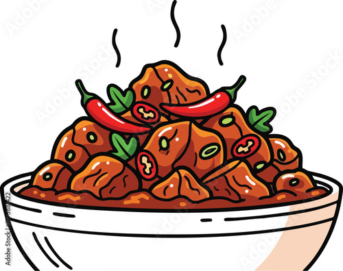 Spicy Meat Stew With Red Chili Peppers and Cilantro In White Bowl