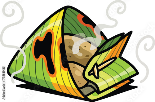 Green Banana Leaf Wrapped Tamale With Smoke Rising From The Top Cooked Food.