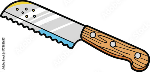 Cartoon Serrated Bread Knife with Wooden Handle and Silver Rivets on White Background