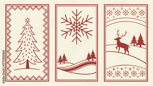 Three christmas themed cards with tree snowflake and reindeer in red line art style design present