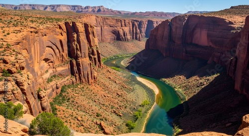 Horseshoe Bend Colorado River winding through vast desert canyon landscape under blue sky