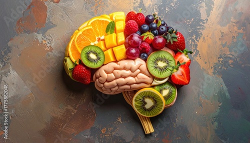 Illustration of a brain composed of vibrant, fresh fruits, symbolizing the essential connection between healthy nutrition, cognitive function, and mental well-being