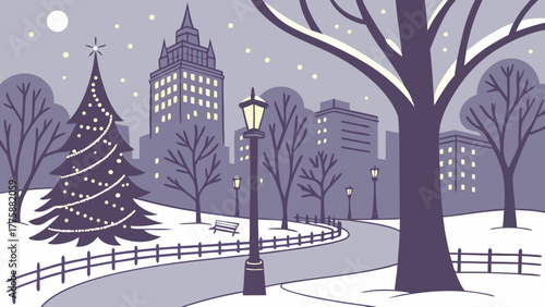 A winter cityscape with a christmas tree and street lamps under a snowy sky at twilight hour scene