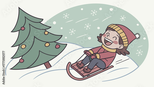 A girl is sledding down a snowy hill next to a christmas tree with snowflakes falling around her