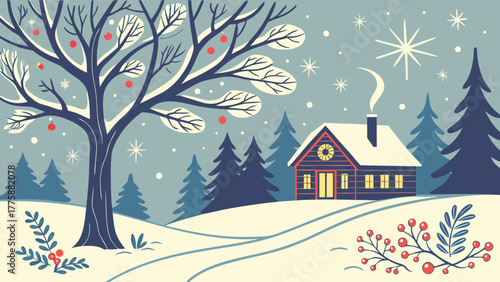 Illustration of a winter scene with a snow covered cabin and a large tree with red ornaments falling snow
