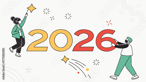 People celebrating year two thousand twenty six with stars and wearing masks in a vector illustration