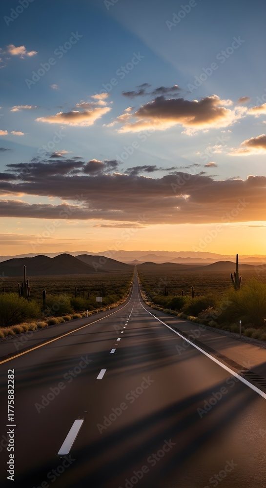 Fototapeta premium An empty desert highway stretches towards a distant horizon under a dramatic sunset sky with crepuscular rays