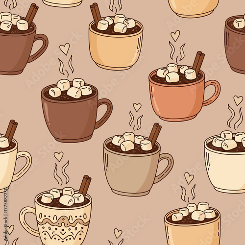 Seamless pattern of cartoon hot chocolate mugs with marshmallows and cinnamon sticks on a brown background, featuring steam and small hearts.
