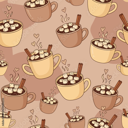 Seamless pattern of hot chocolate mugs with marshmallows and cinnamon sticks.
