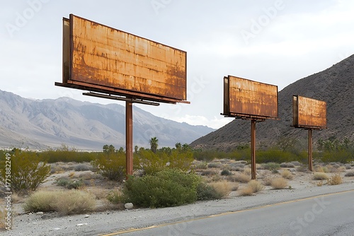 Rusty Billboards Along a Desert Road with Mountains in Background and Overcast Sky