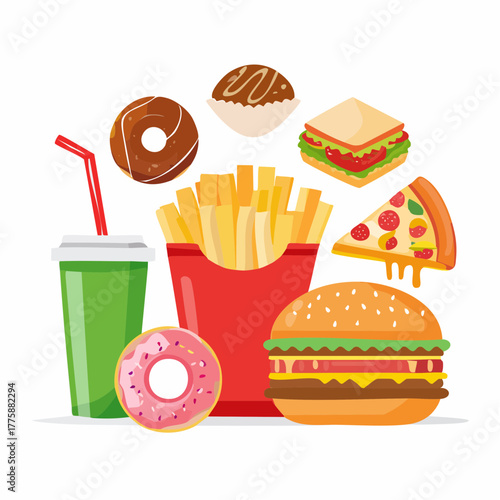 Delicious fast food collection including burger, fries, donuts, pizza, sandwich, and a drink
