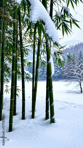 Bamboo Branches Bent by Snow Rebounding Blown by Wind

