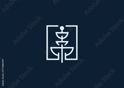 A minimalist fountain logo in elegant line style, featuring flowing water arcs with balanced symmetry, symbolizing purity, creativity, and continuous inspiration in vector design