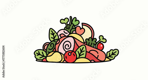Colorful Pixel Art Salad With Vegetables Fruit And Meat On White Background
