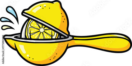 Yellow Citrus Juicer Squeezing Bright Yellow Lemon With Juice Splashing Outward Isolated On White