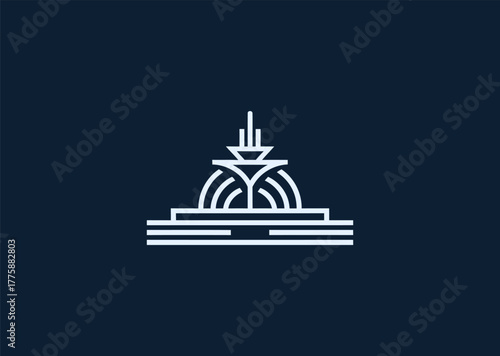 A minimalist fountain logo in elegant line style, featuring flowing water arcs with balanced symmetry, symbolizing purity, creativity, and continuous inspiration in vector design